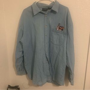 Vintage 90s Looney Tunes Mens Light Denim Button Up Shirt XL Bugs Daffy Taz